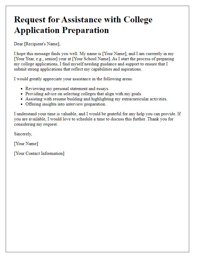 Letter template of assistance needed for college application preparation