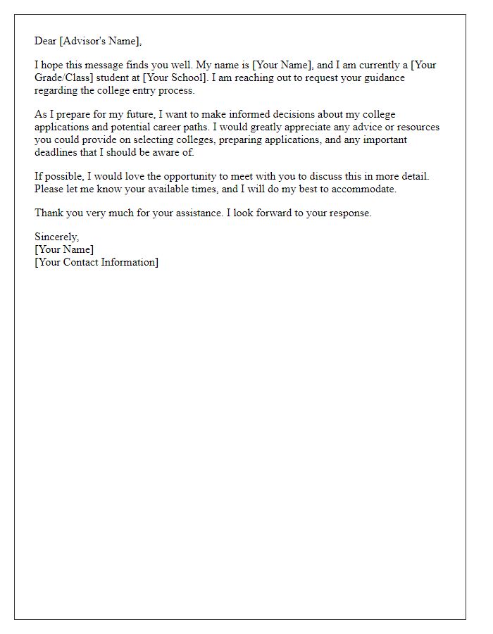 Letter template of help request for college entry guidance