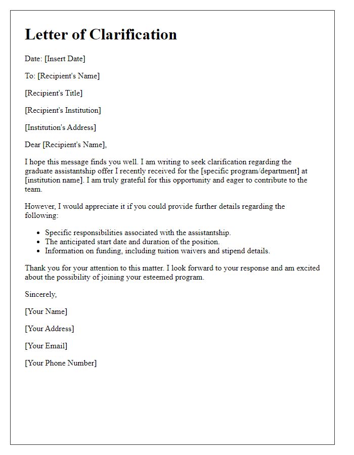 Letter template of clarification on graduate assistantship offer