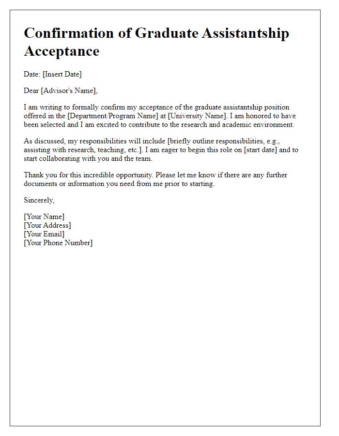 Letter template of confirmation for graduate assistantship acceptance