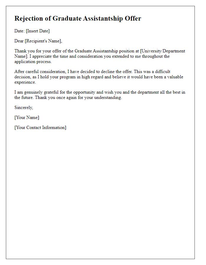 Letter template of rejection for graduate assistantship offer