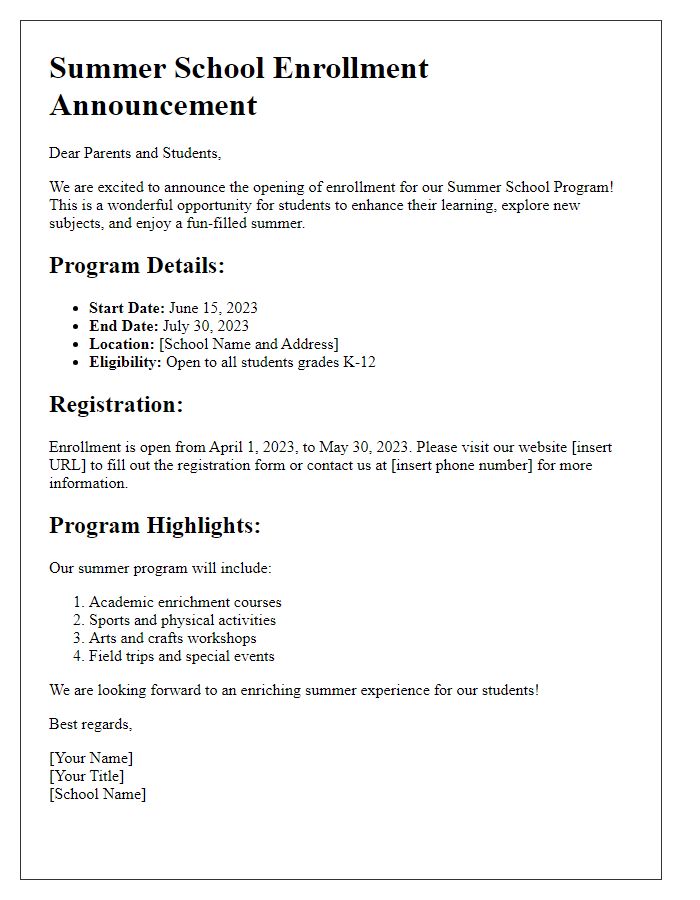 Letter template of announcement for summer school enrollment