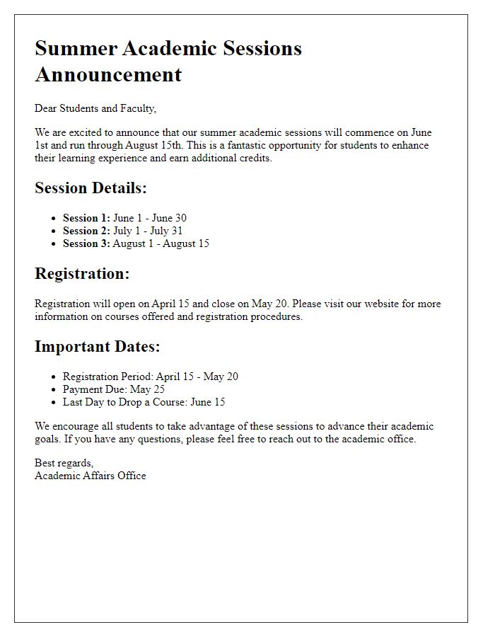 Letter template of communication about summer academic sessions