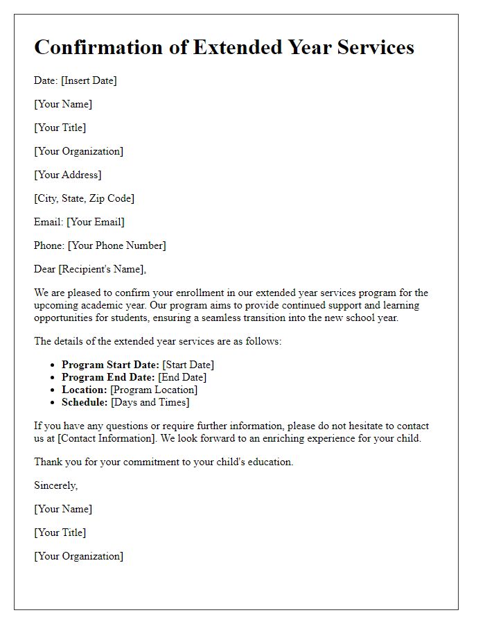Letter template of confirmation for extended year services