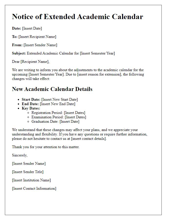 Letter template of details for extended academic calendar