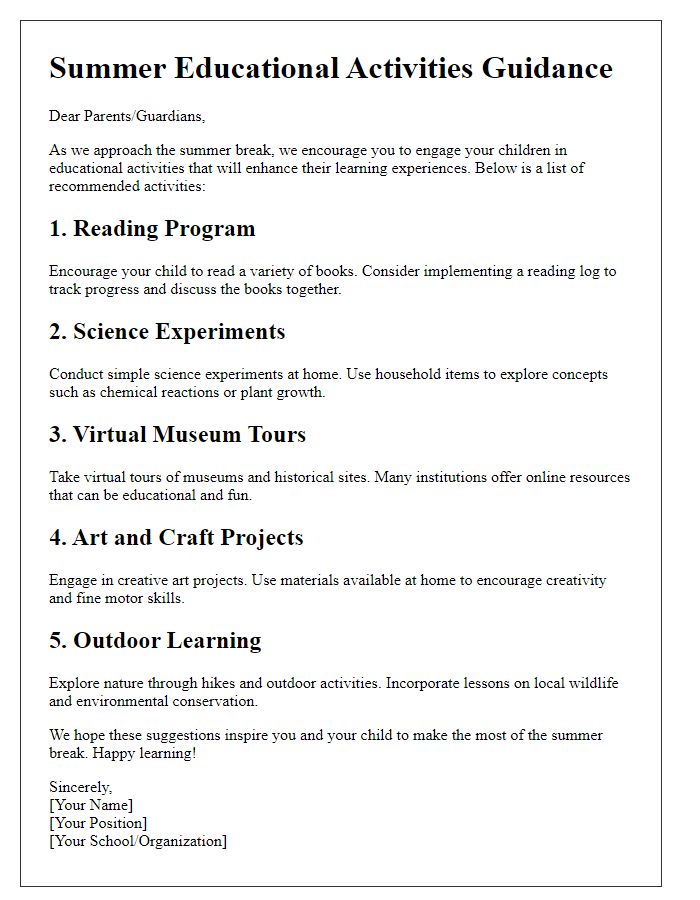 Letter template of guidance for summer educational activities