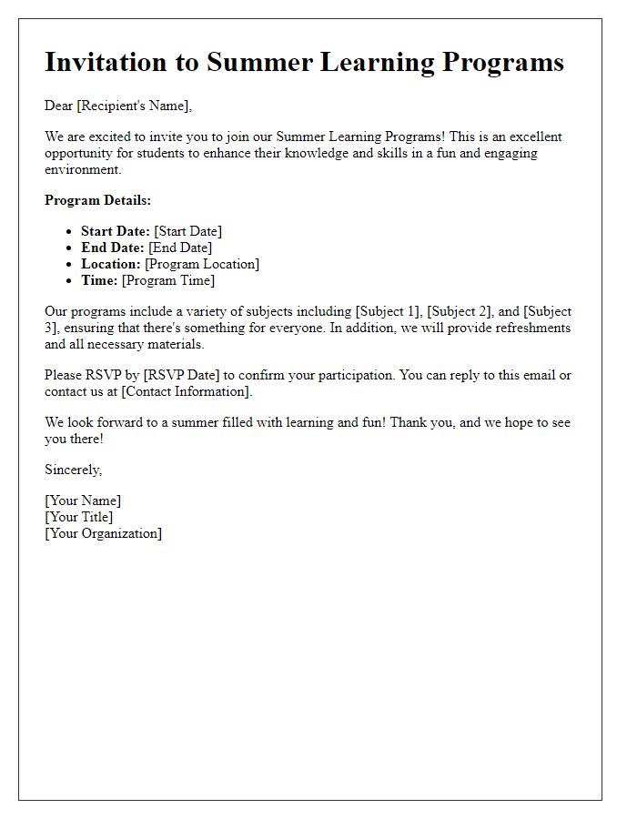 Letter template of invitation for summer learning programs