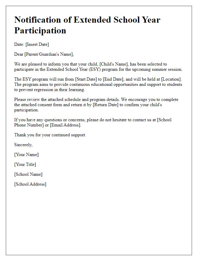 Letter template of notification for extended school year participation