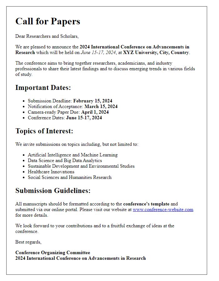 Letter template of call for papers for an academic research conference