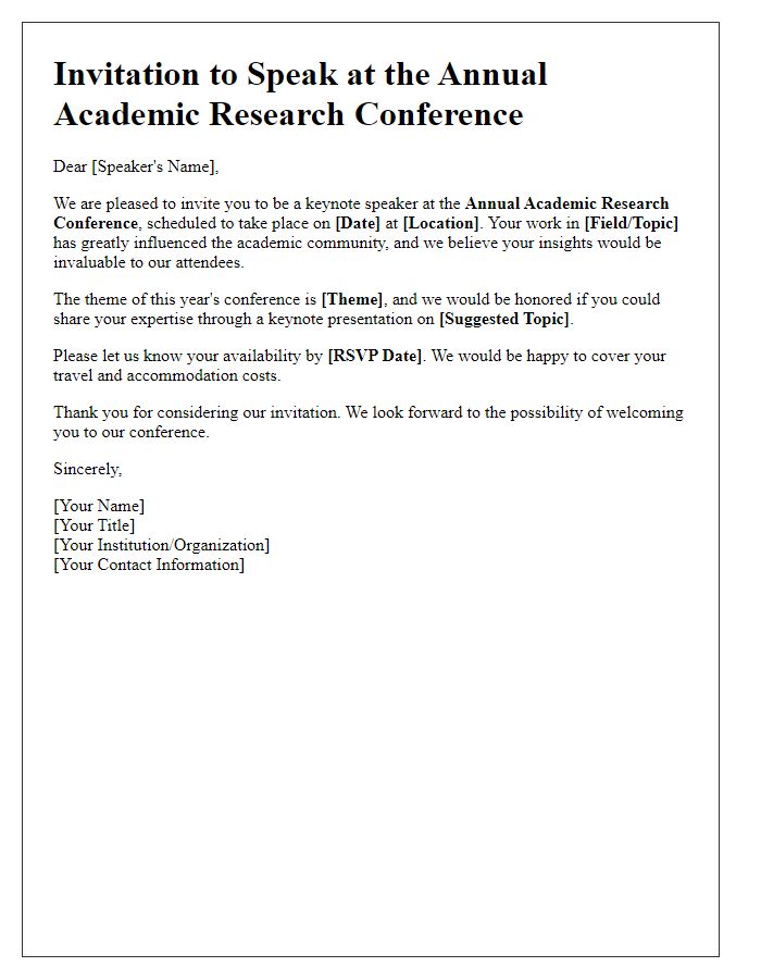 Letter template of invitation for keynote speakers at an academic research conference