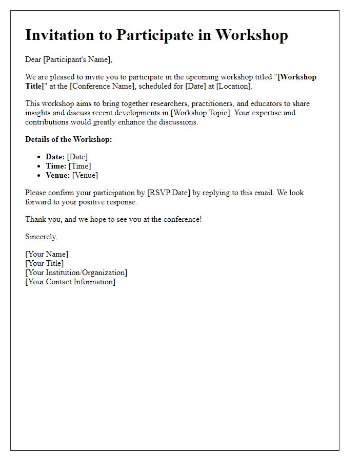 Letter template of invitation for workshop participation at an academic research conference