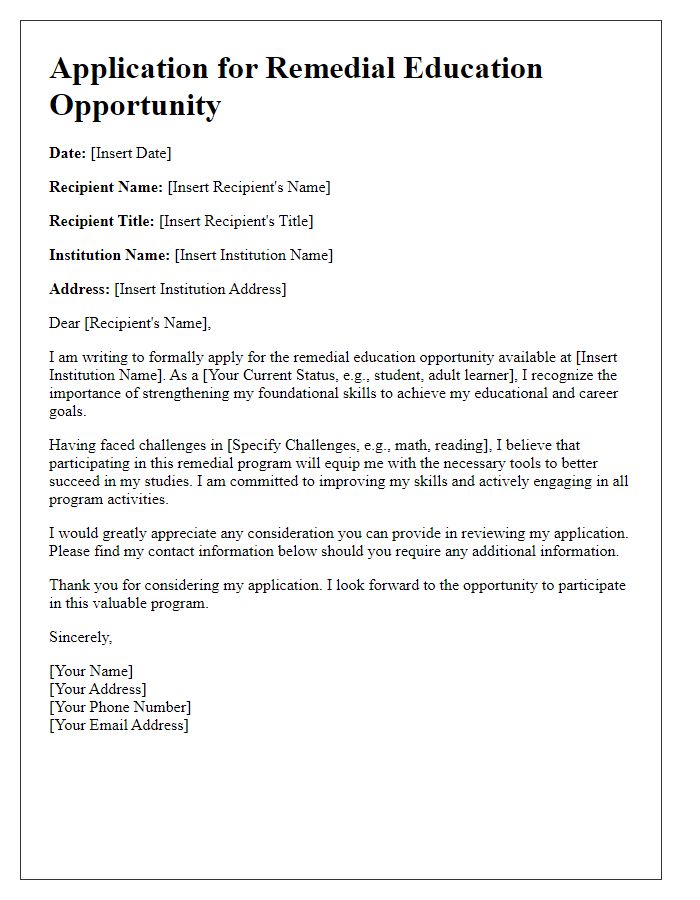 Letter template of application for remedial education opportunity