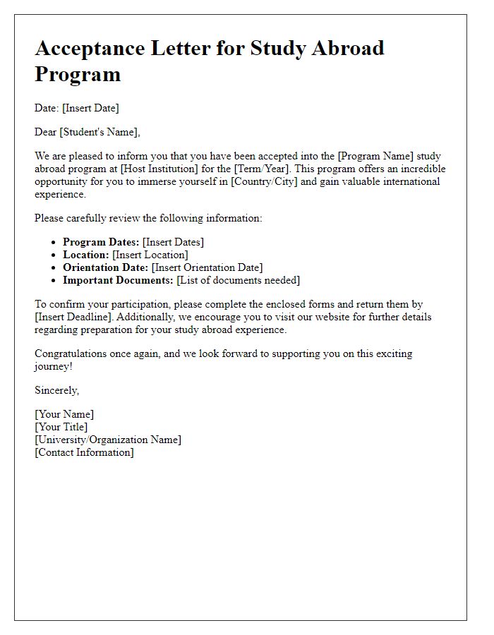 Letter template of acceptance into study abroad program information