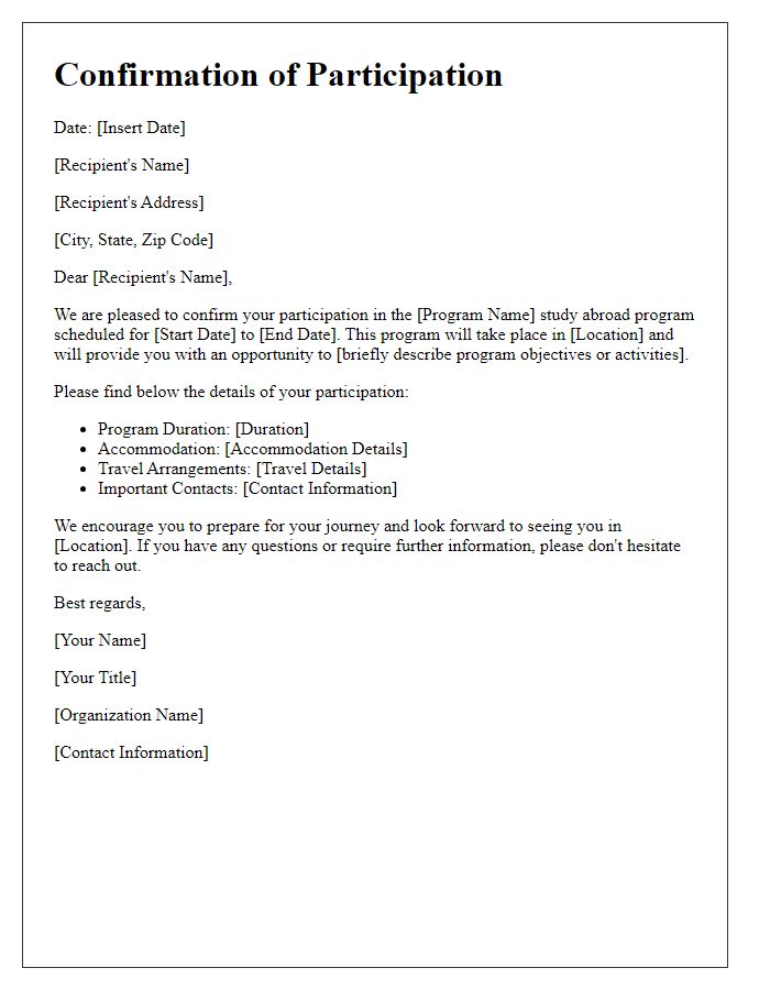 Letter template of confirmation for study abroad program participation