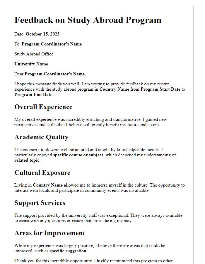 Letter template of feedback on study abroad program experience