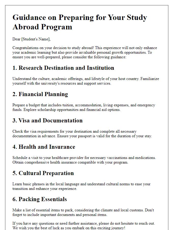 Letter template of guidance on study abroad program preparation