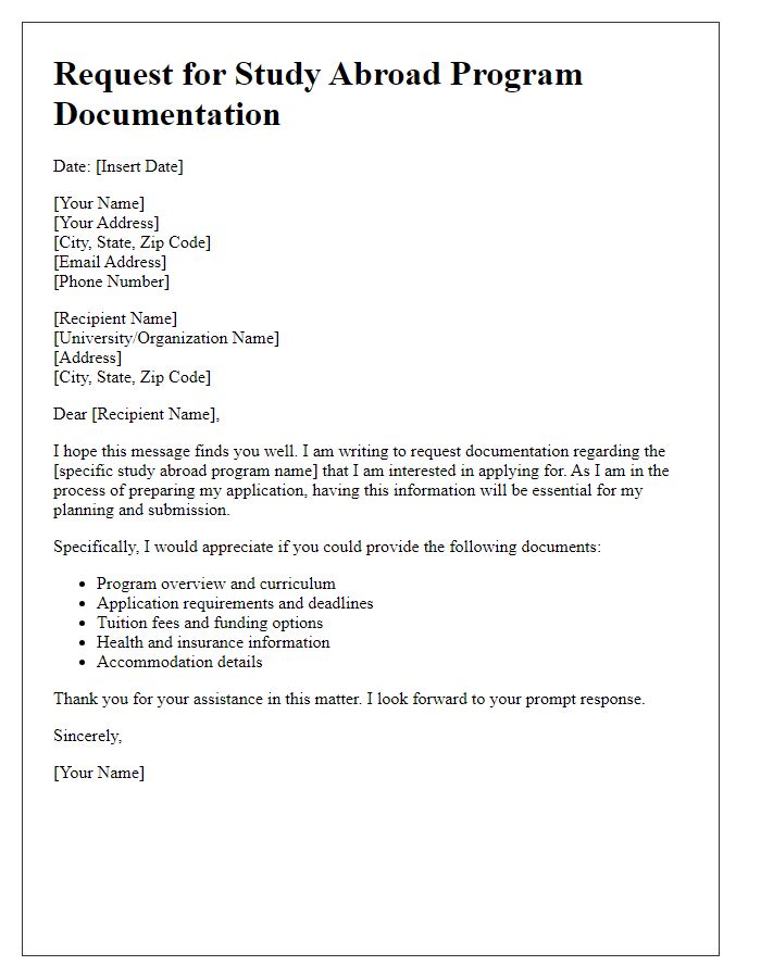 Letter template of request for study abroad program documentation