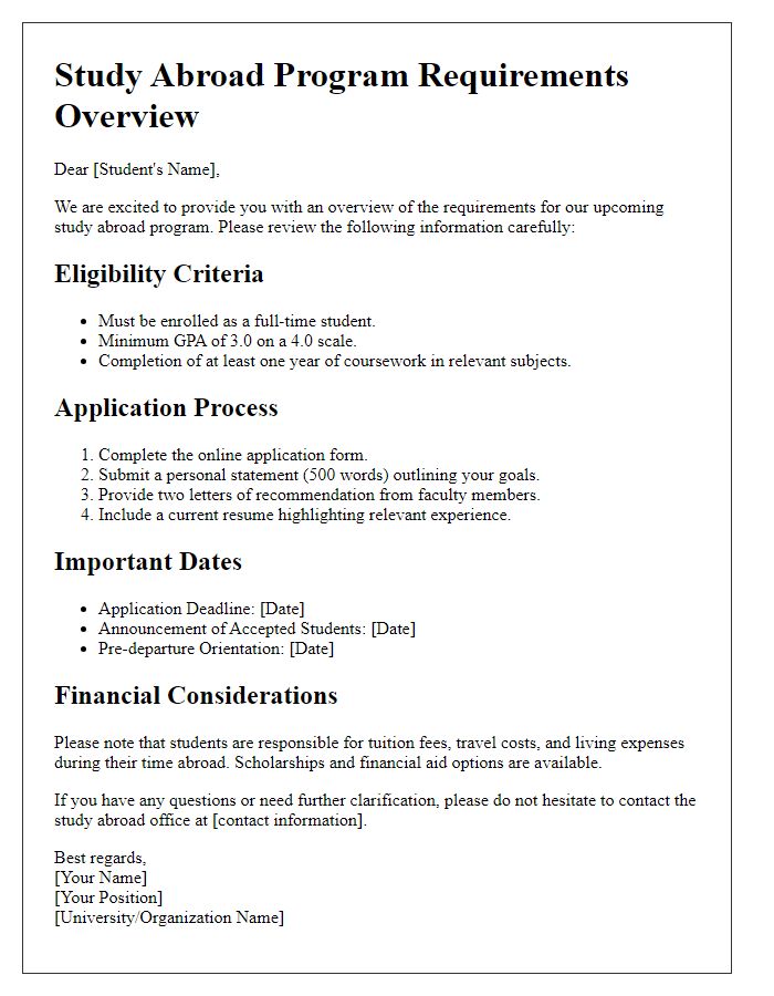 Letter template of study abroad program requirements overview