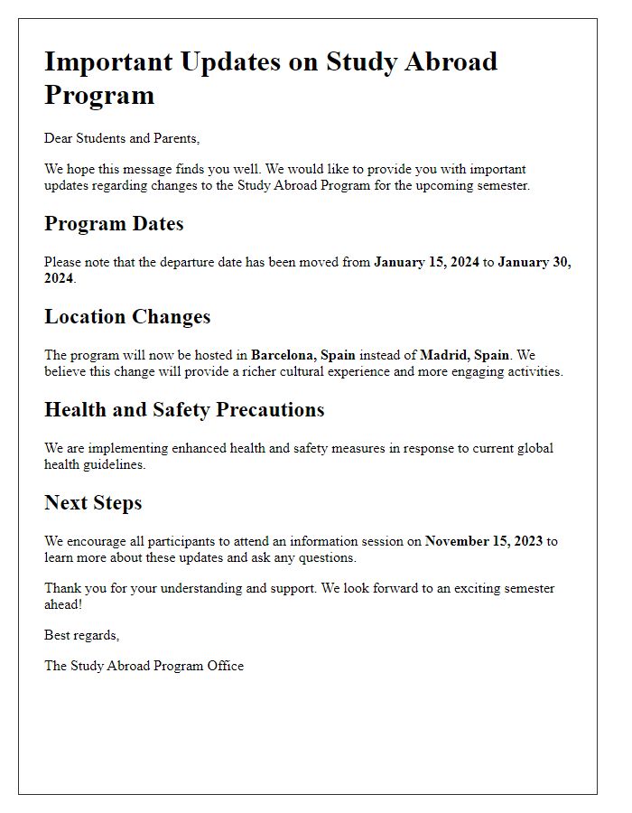 Letter template of updates regarding study abroad program changes