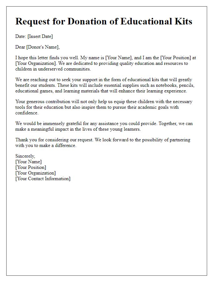 Letter template of outreach for educational kits donation.