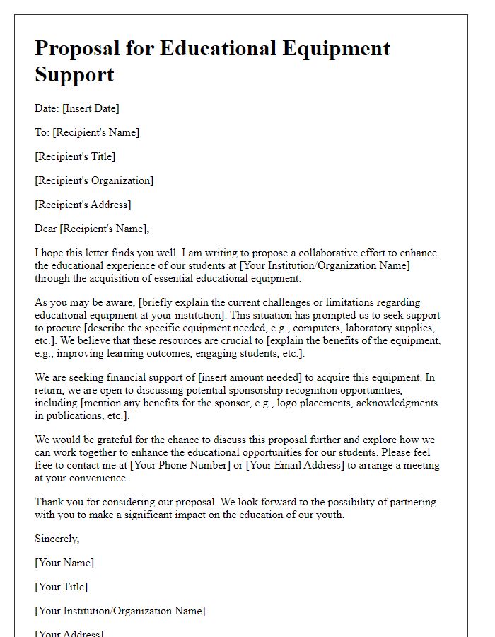 Letter template of proposal for educational equipment support.