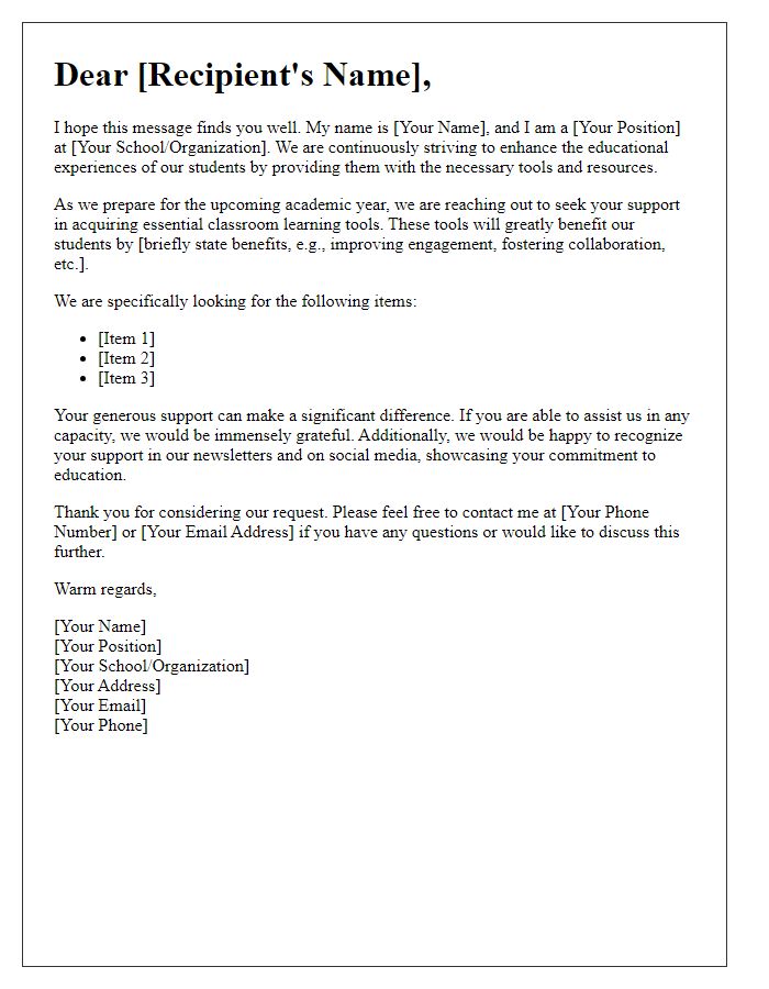 Letter template of solicitation for classroom learning tools.