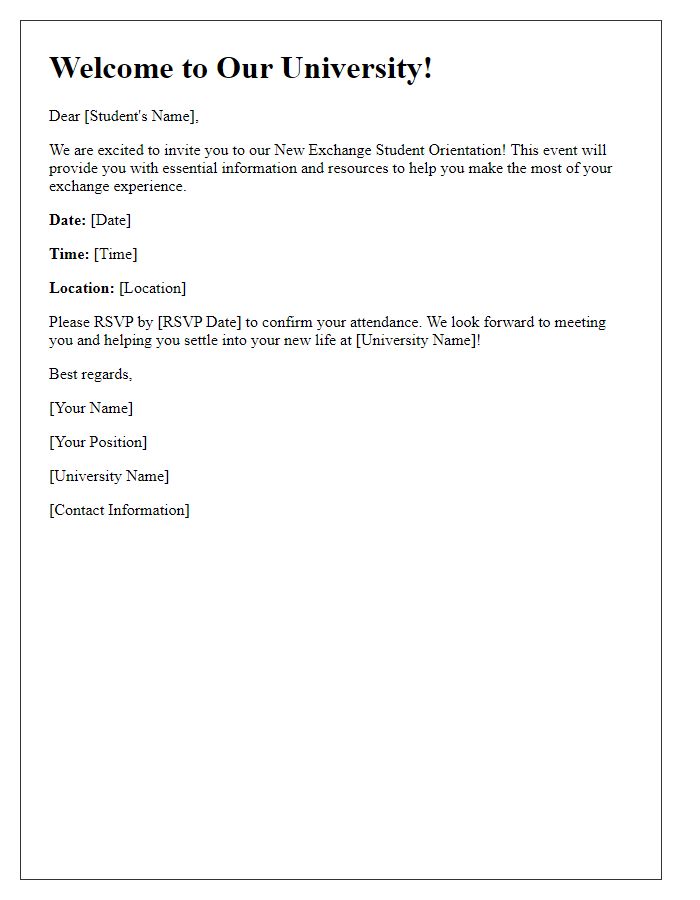 Letter template of orientation invitation for new exchange students.