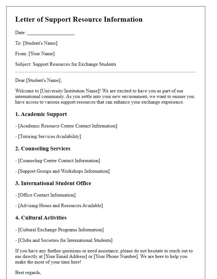 Letter template of support resource information for exchange students.