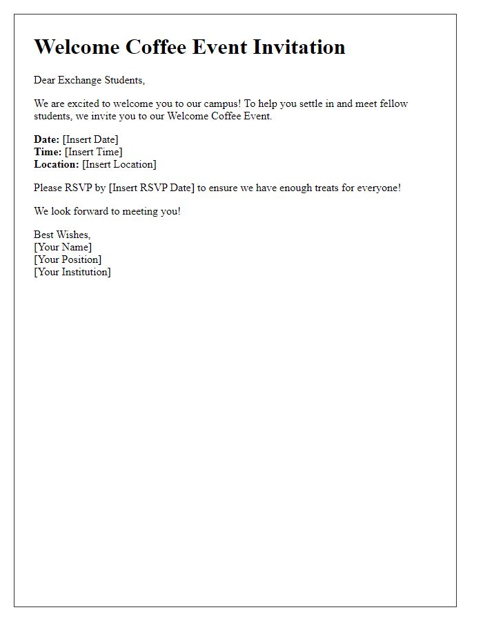 Letter template of welcome coffee event for exchange students.