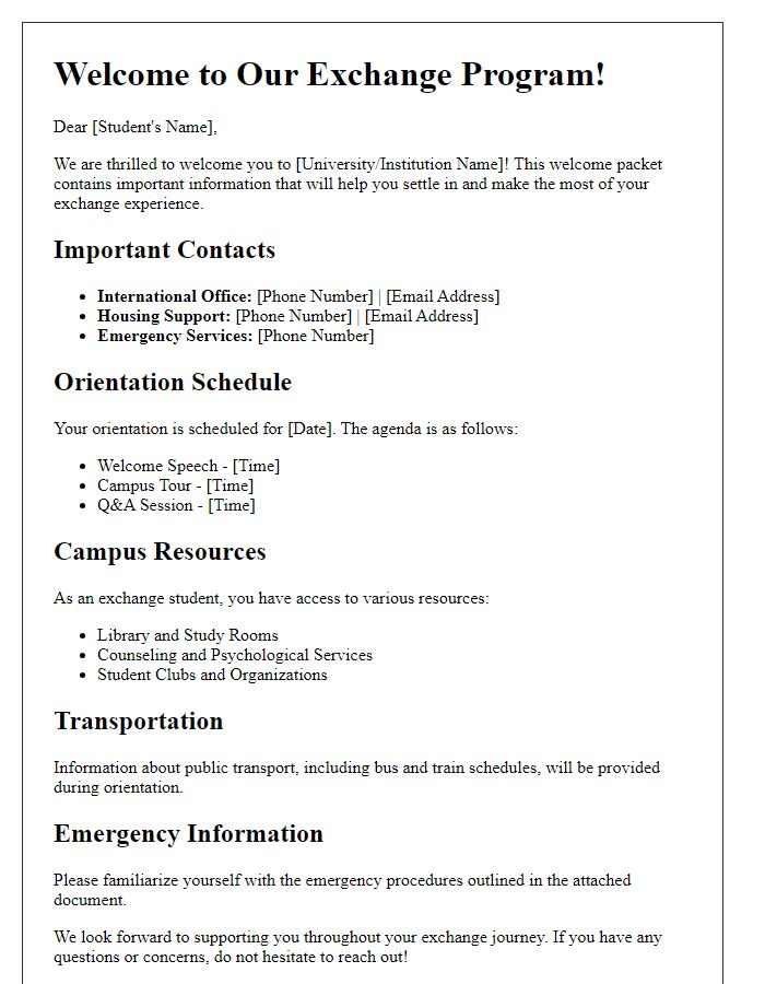 Letter template of welcome packet details for exchange students.