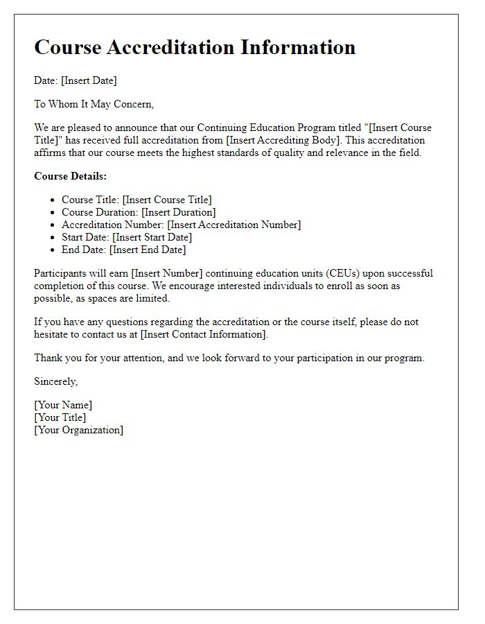 Letter template of course accreditation information for continuing education program