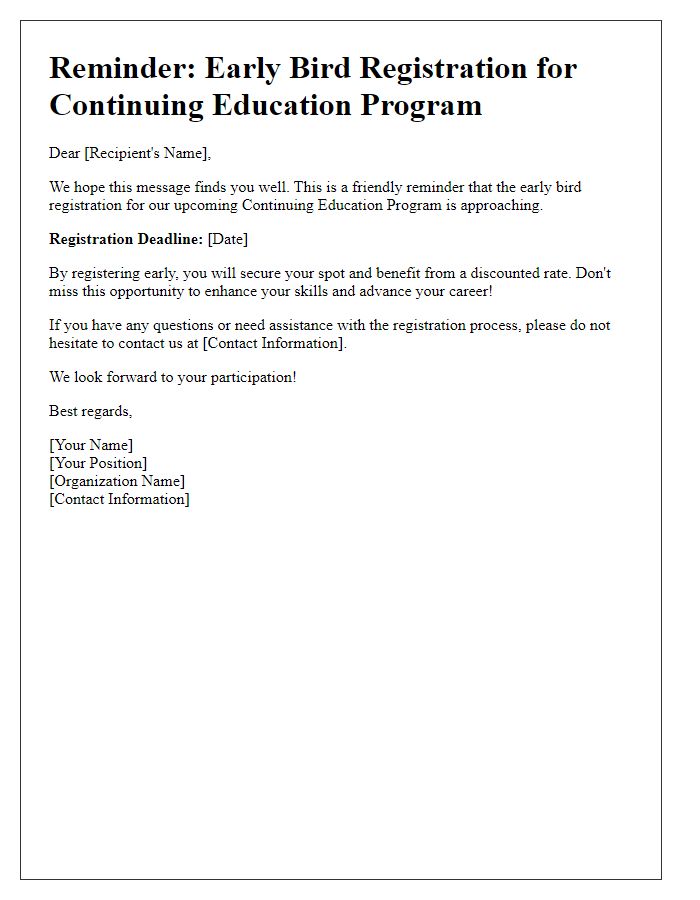 Letter template of early bird registration reminder for continuing education program