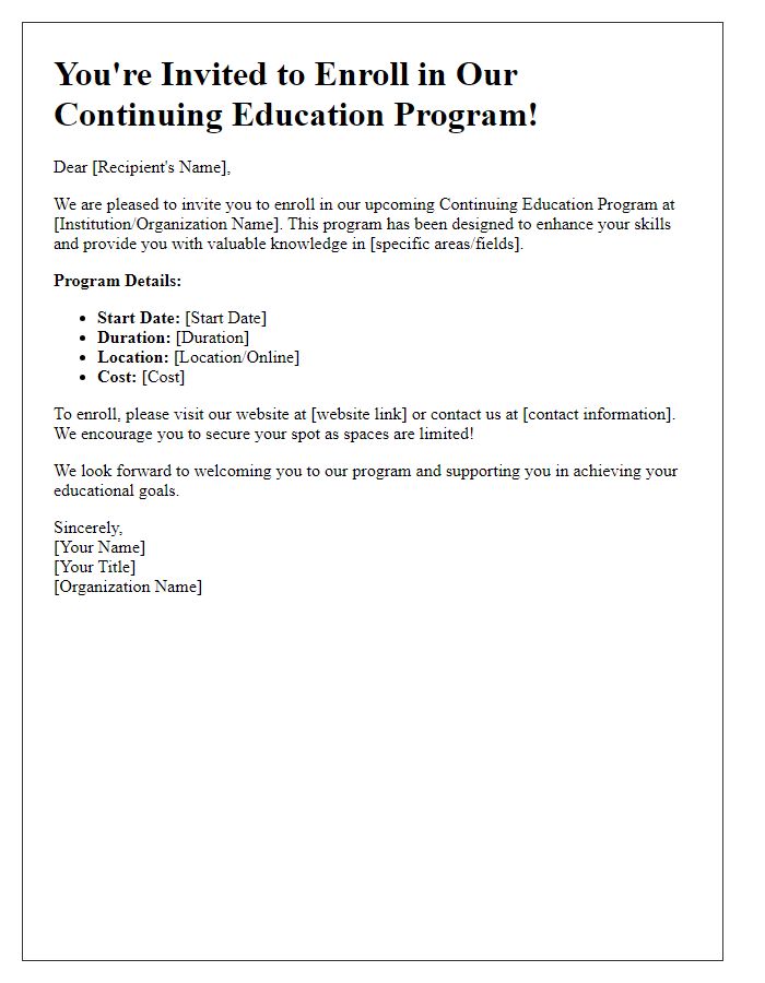 Letter template of enrollment invitation for continuing education program