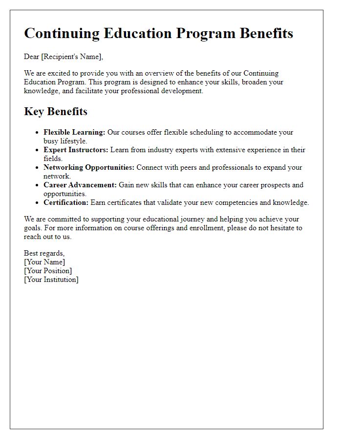 Letter template of program benefits overview for continuing education program