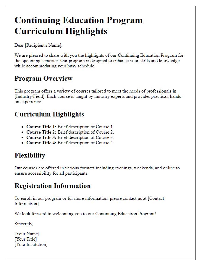 Letter template of program curriculum highlights for continuing education program