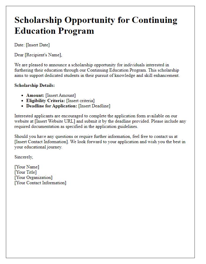 Letter template of scholarship opportunity for continuing education program