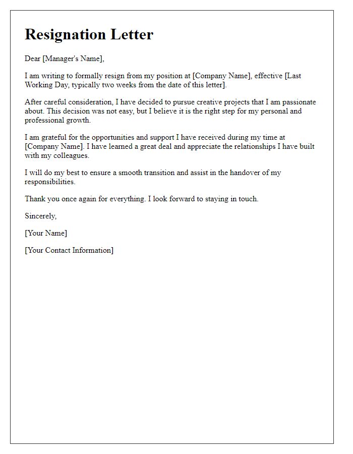 Letter template of resignation to engage in creative projects