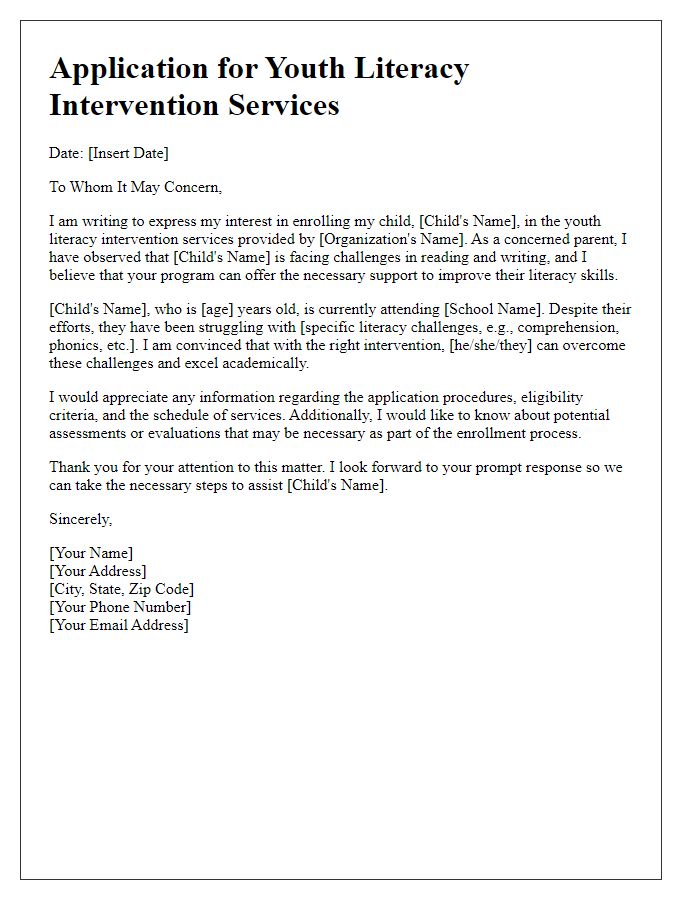 Letter template of application for youth literacy intervention services.