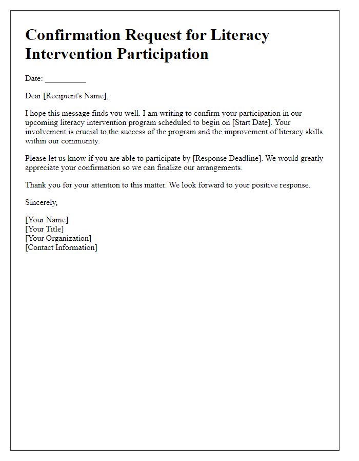 Letter template of confirmation request for literacy intervention participation.