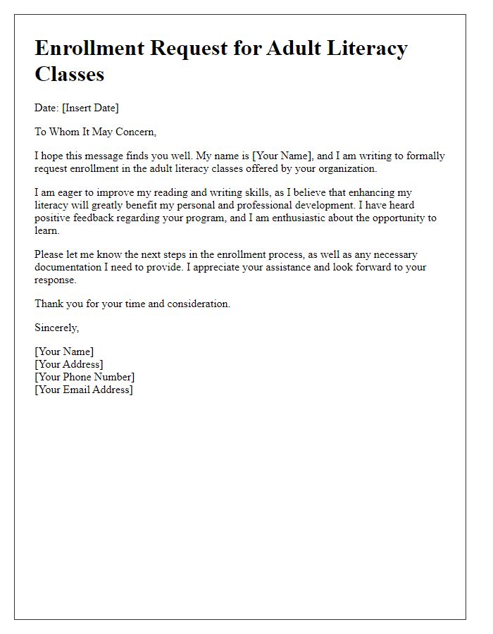 Letter template of enrollment request for adult literacy classes.