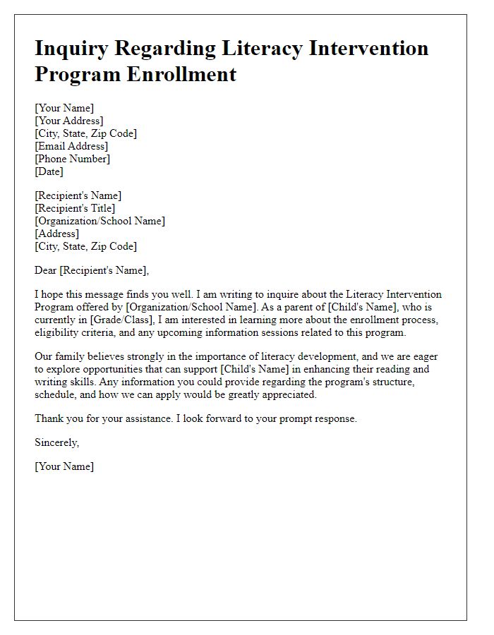 Letter template of inquiry regarding literacy intervention program enrollment.