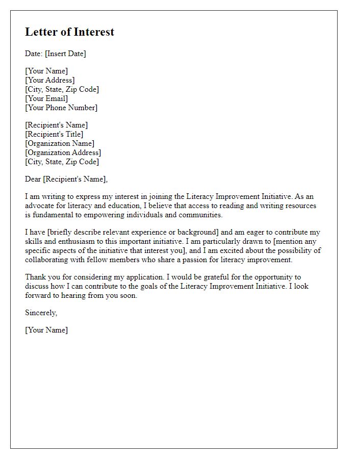 Letter template of interest in joining literacy improvement initiative.