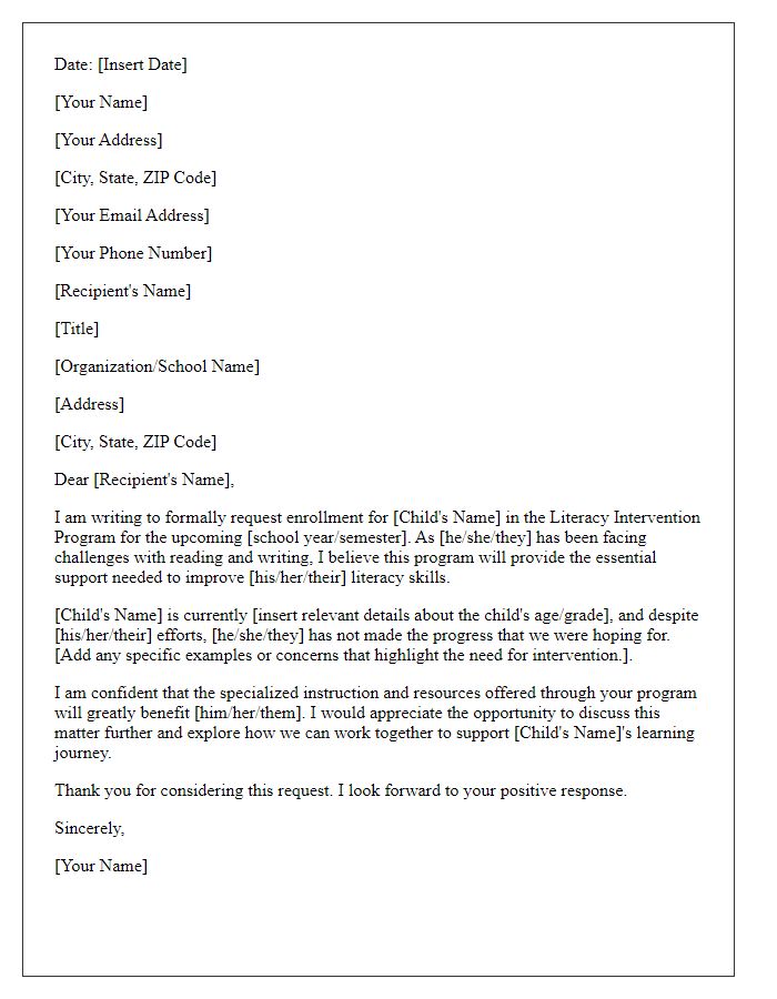 Letter template of request for enrollment in literacy intervention program.