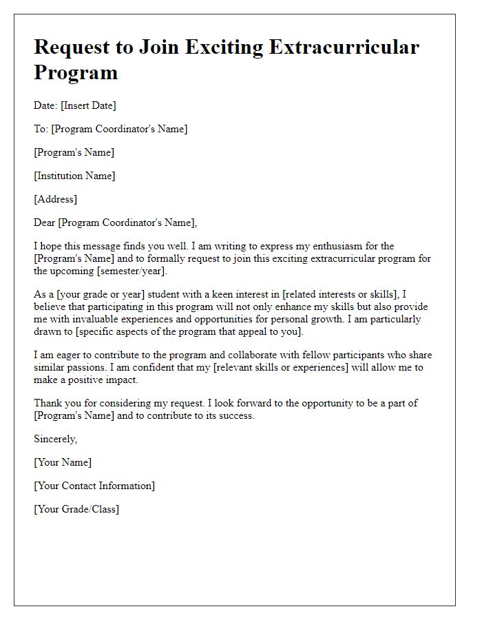 Letter template of request to join our exciting extracurricular program.