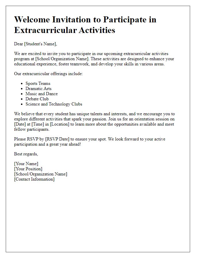 Letter template of welcome invitation to participate in our extracurricular activities.