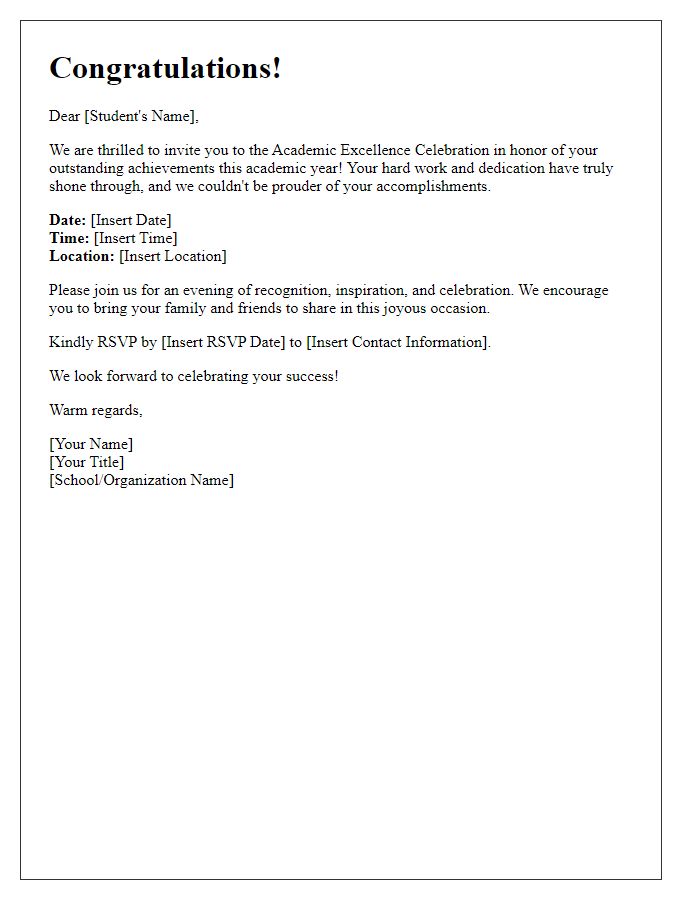 Letter template of student's academic excellence celebration