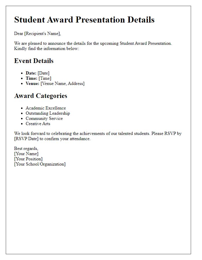 Letter template of student's award presentation details