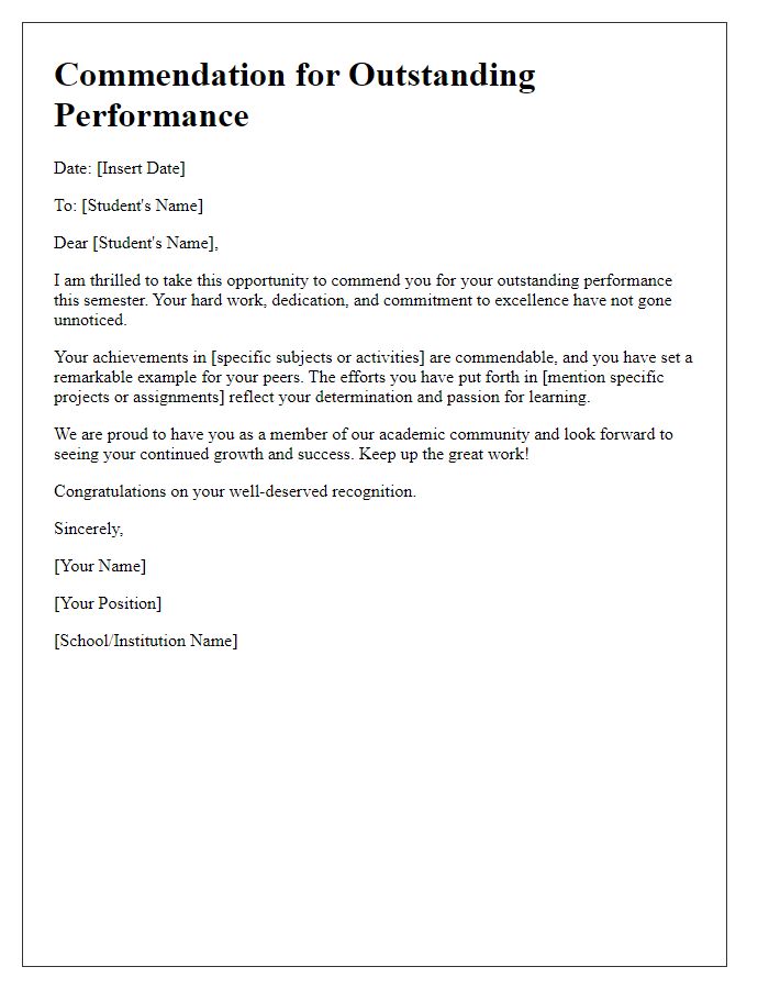 Letter template of student's commendation for outstanding performance