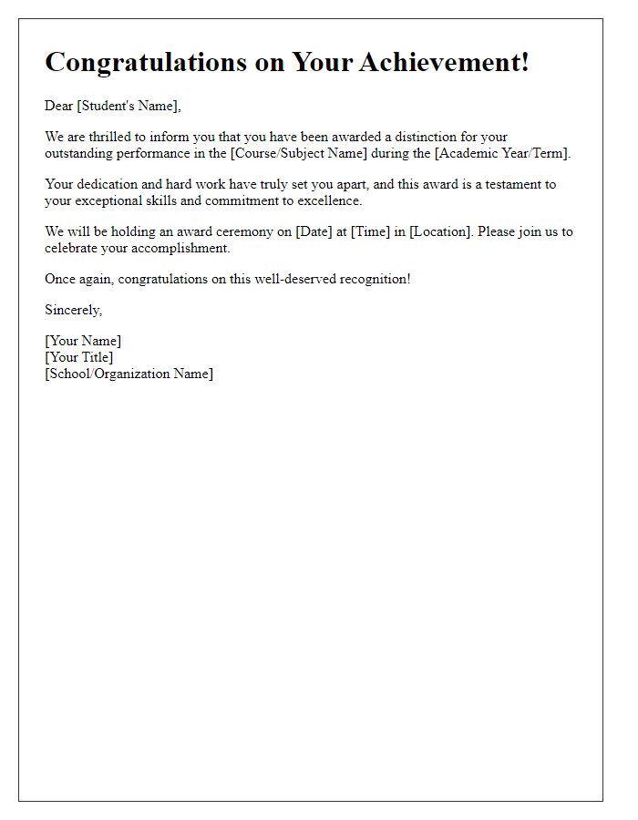 Letter template of student's distinction award notification