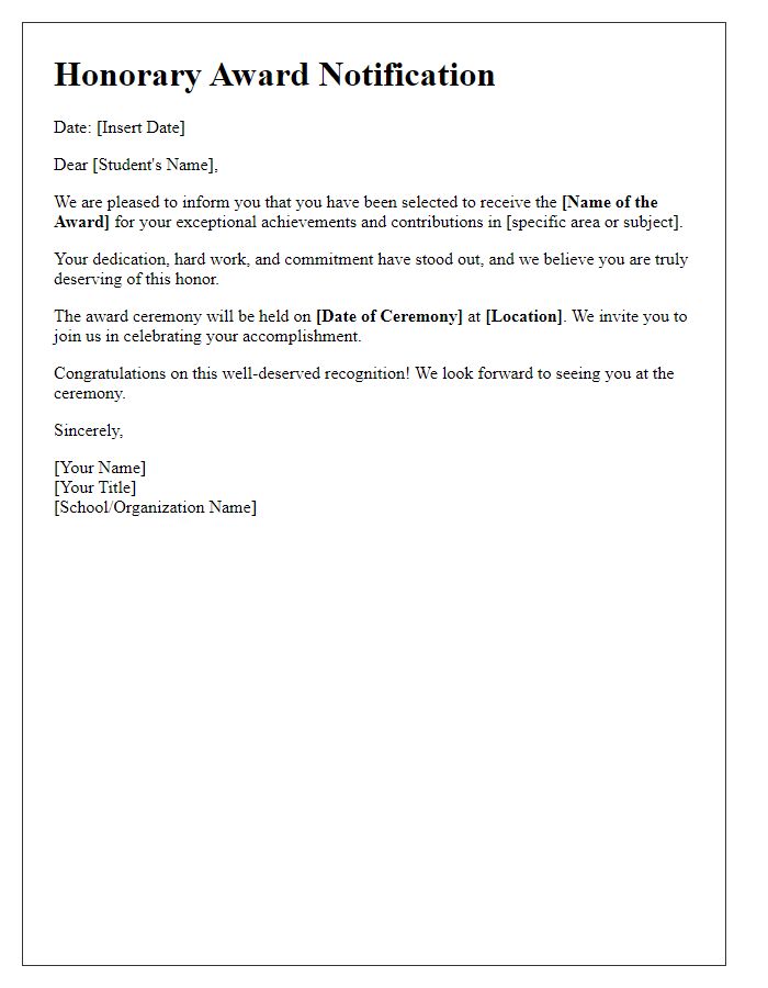 Letter template of student's honorary award notification